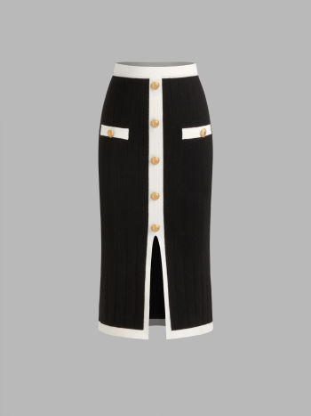 Knitted Mid Rise Contrasting Binding Split Midi Skirt